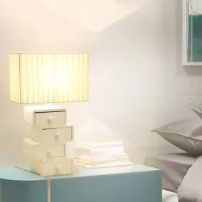 Contemporary White Nightstand Lamp with Drawer - Rectangle Fabric Table Light