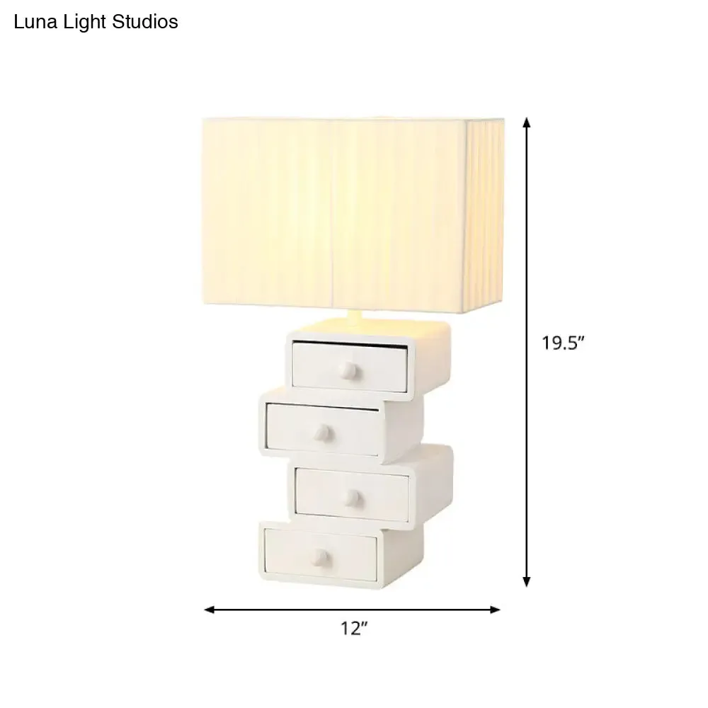 Contemporary White Nightstand Lamp with Drawer - Rectangle Fabric Table Light