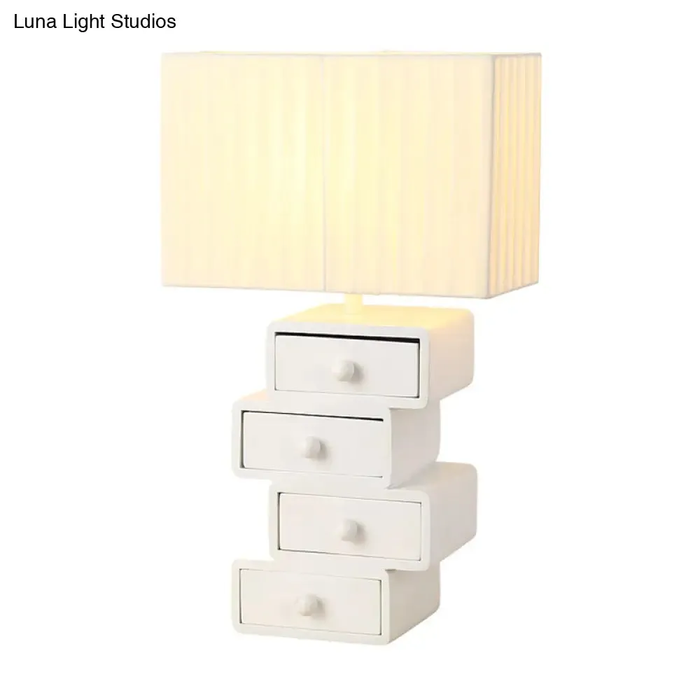 Contemporary White Nightstand Lamp with Drawer - Rectangle Fabric Table Light