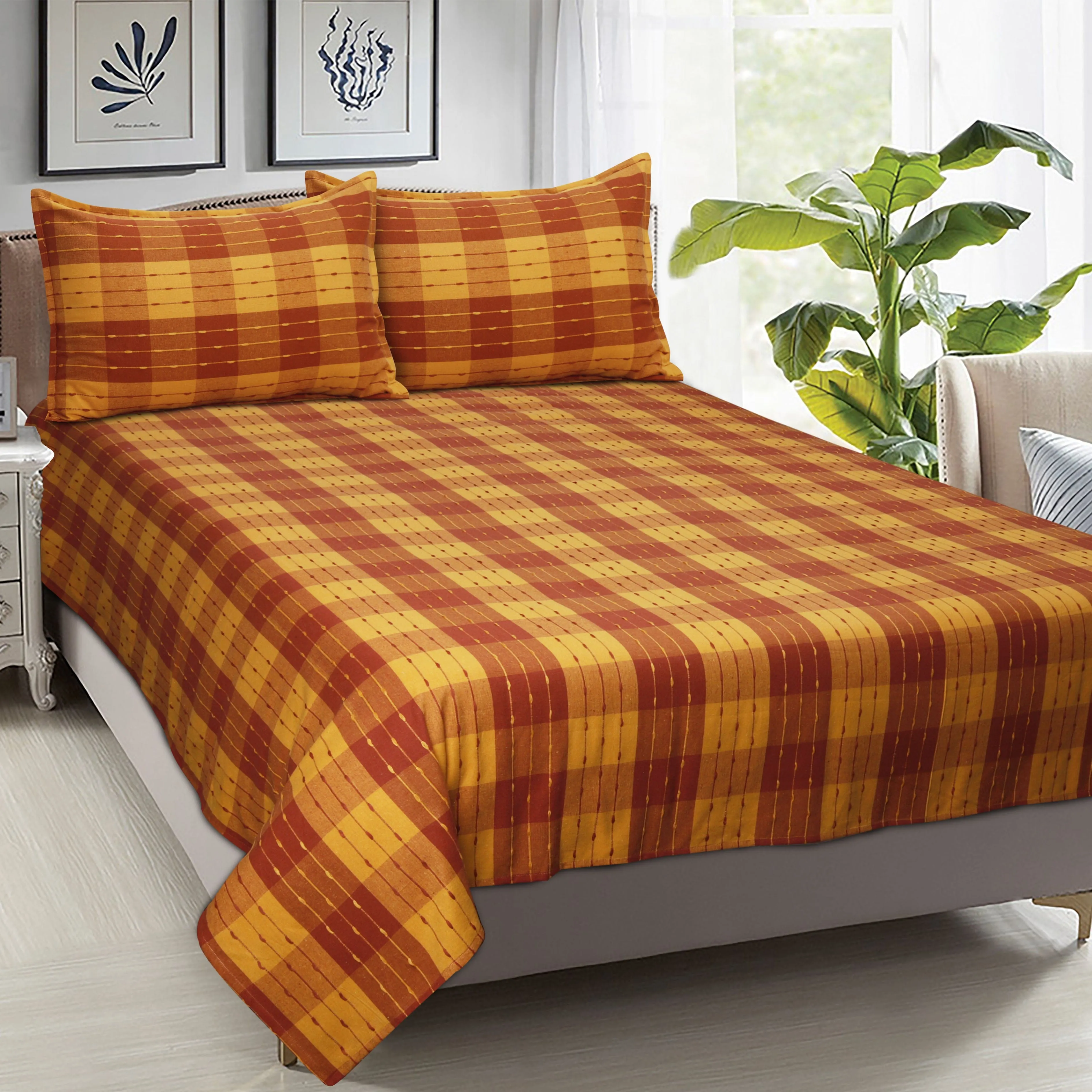 Cotton Designer Dobby Checkered Bedsheet with Pillow Covers (Maroon, Yellow) - available sizes, Single, Double/Queen, King and Super King