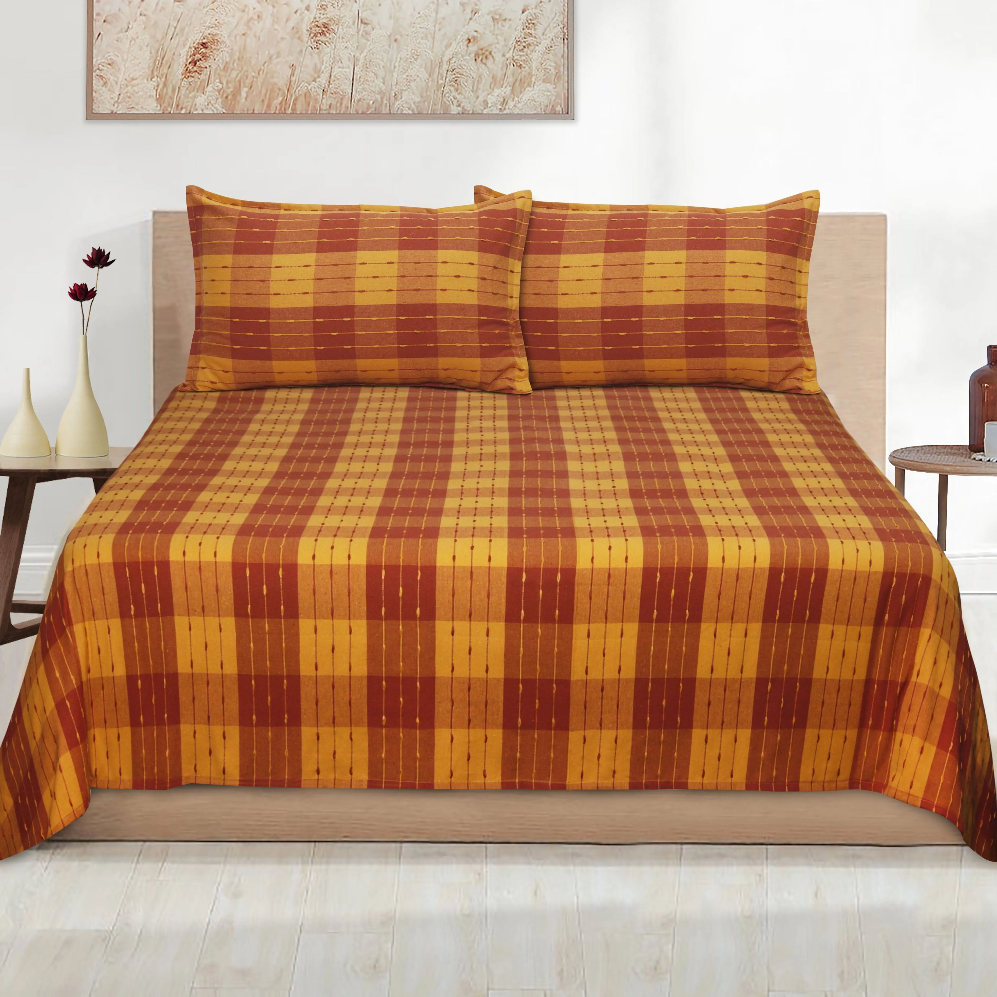 Cotton Designer Dobby Checkered Bedsheet with Pillow Covers (Maroon, Yellow) - available sizes, Single, Double/Queen, King and Super King