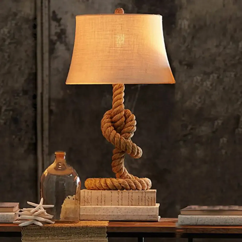 Country Style Fabric Empire Shade Table Lamp: 1-Light Night Light with Rope Pedestal in Flaxen