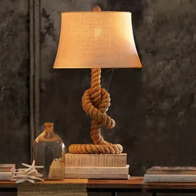 Country Style Fabric Empire Shade Table Lamp: 1-Light Night Light with Rope Pedestal in Flaxen