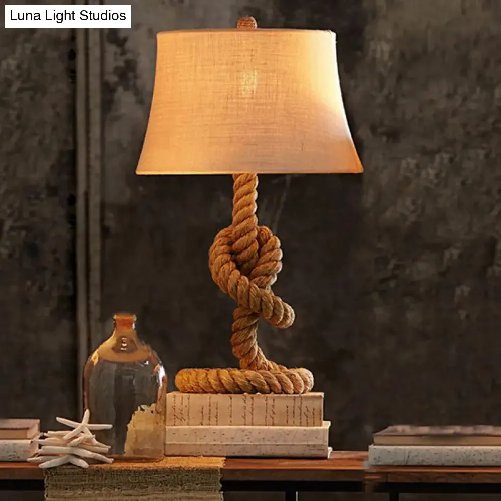 Country Style Fabric Empire Shade Table Lamp: 1-Light Night Light with Rope Pedestal in Flaxen