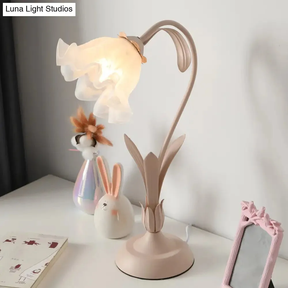 Countryside Frosted Glass Night Lamp - Flower Shape, 1-Light, Kids Room Table Light (Pink/Green)