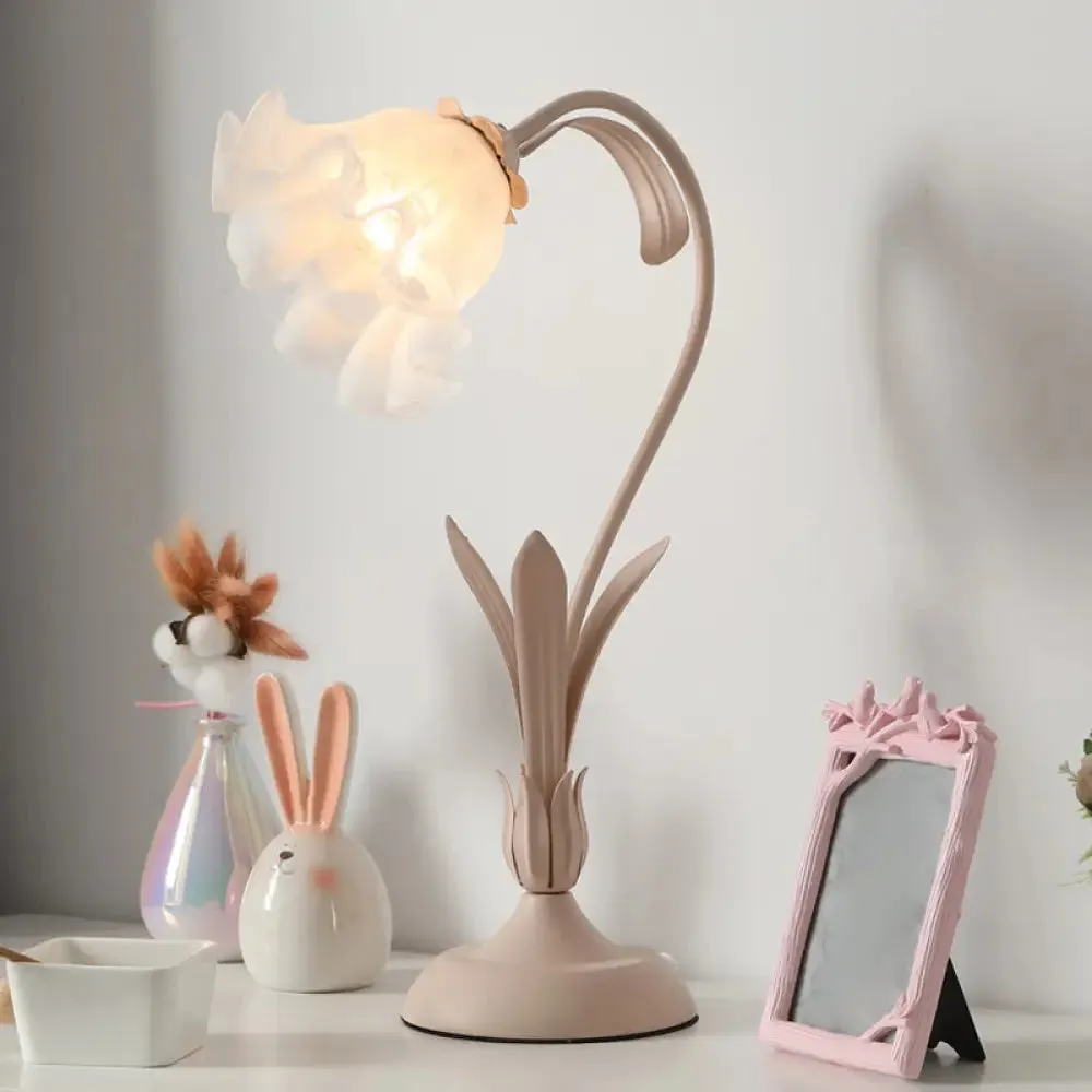 Countryside Frosted Glass Night Lamp - Flower Shape, 1-Light, Kids Room Table Light (Pink/Green)