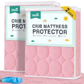 Crib Mattress Protector/ Pad Cover - 2 Pack, Quilted Microfiber, Waterproof, Pink (for Standard Crib/ Toddler Bed)