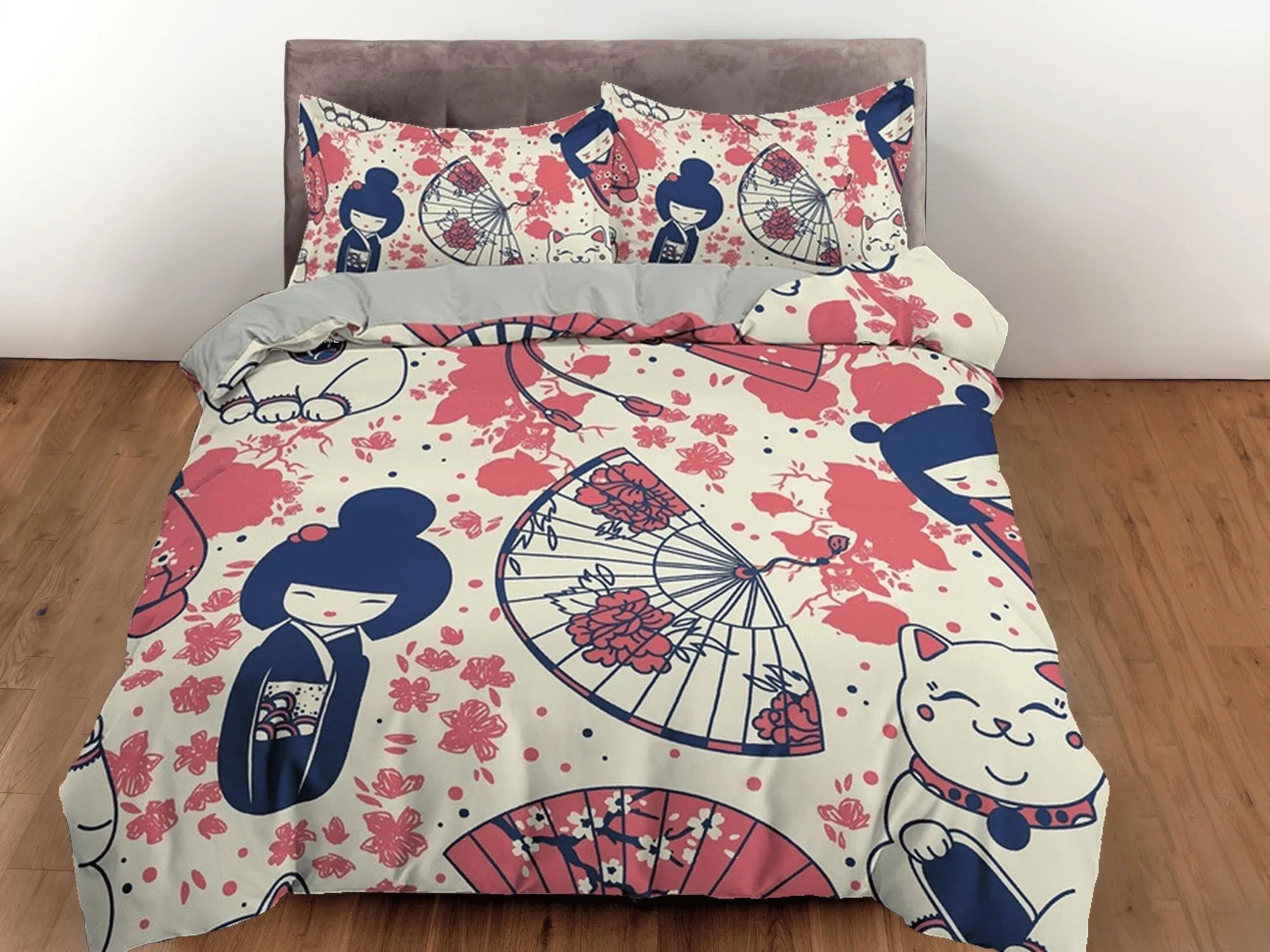 Cute oriental kids bedding, japan culture, girl in kimono, good luck cat, japanese duvet cover set for king, queen, full, twin, toddler bed