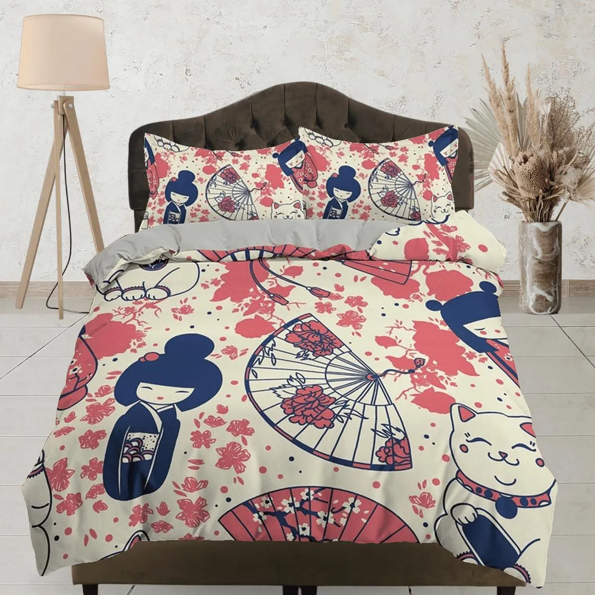 Cute oriental kids bedding, japan culture, girl in kimono, good luck cat, japanese duvet cover set for king, queen, full, twin, toddler bed