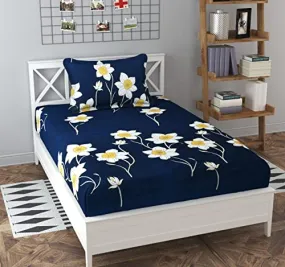 Dahlia Elastic Fitted Glace Cotton Single Bed (72x48x Upto 6 Inches) Bedsheet with 1 Pillow Covers-200TC (SurajMukhi, Blue Color)