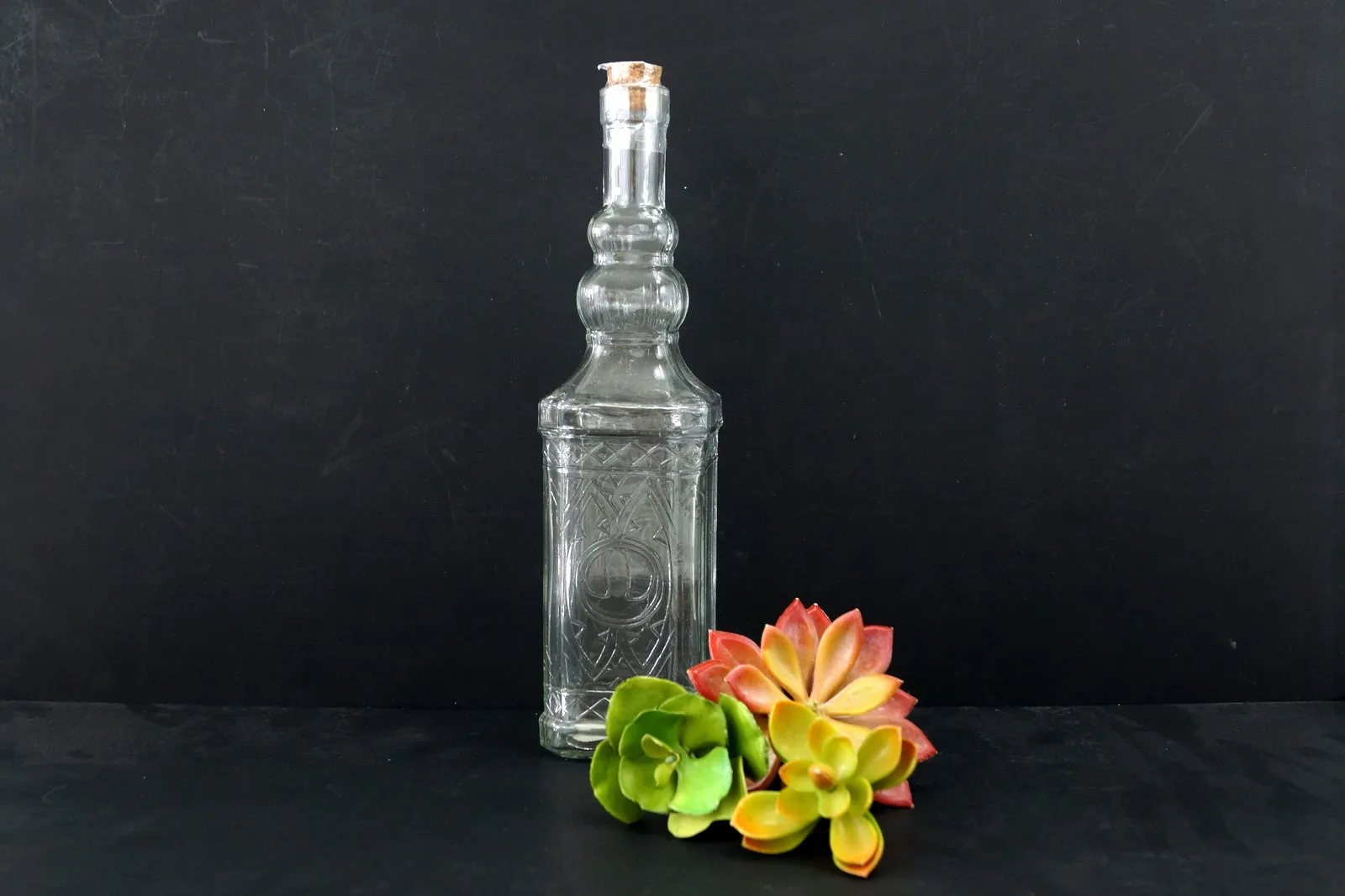 Decorative Clear Glass "Whiskey Style" Bottle with Cork, 12" tall