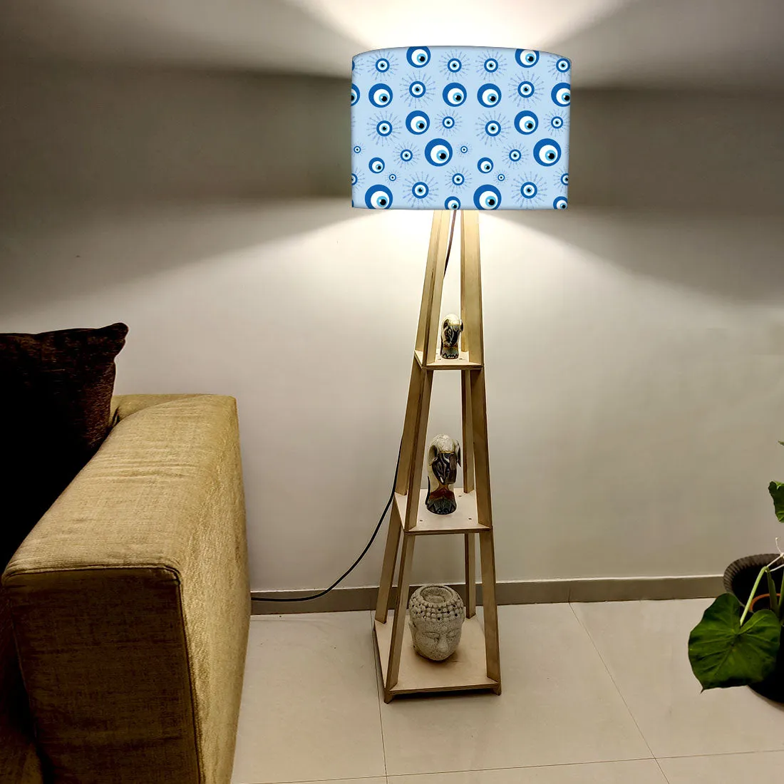 Designer Wooden Tripod Floor Lamp with Shelf for Living Room - Evil Eye Protector