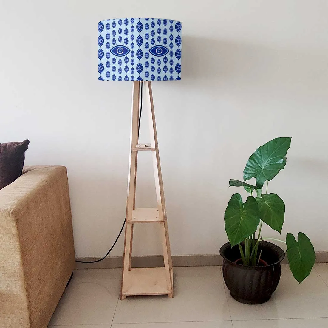 Designer Wooden Tripod Floor Lamp with Shelf for Living Room - Evil Eye Protector