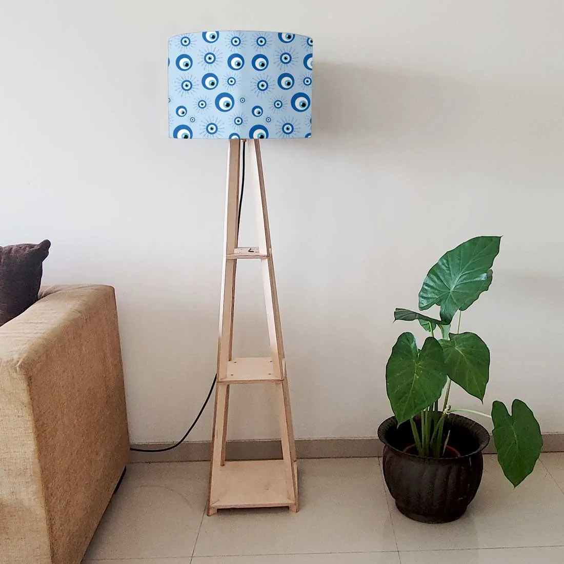 Designer Wooden Tripod Floor Lamp with Shelf for Living Room - Evil Eye Protector