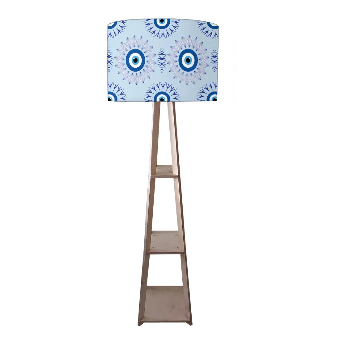 Designer Wooden Tripod Floor Lamp with Shelf for Living Room - Evil Eye Protector