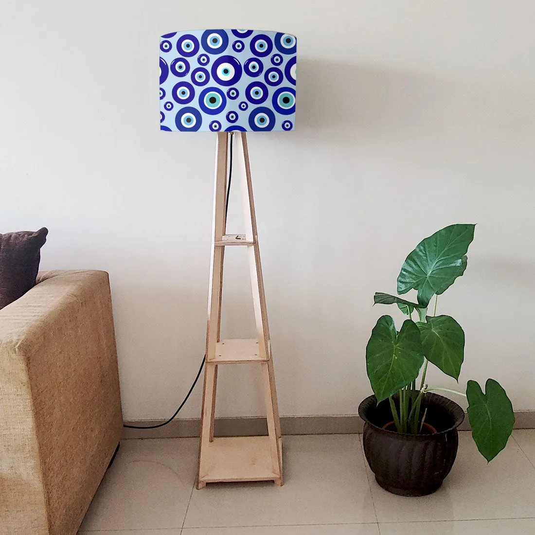 Designer Wooden Tripod Floor Lamp with Shelf for Living Room - Evil Eye Protector