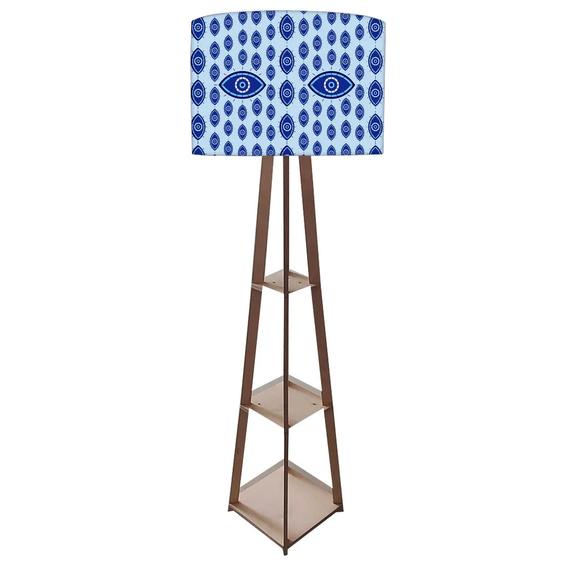 Designer Wooden Tripod Floor Lamp with Shelf for Living Room - Evil Eye Protector