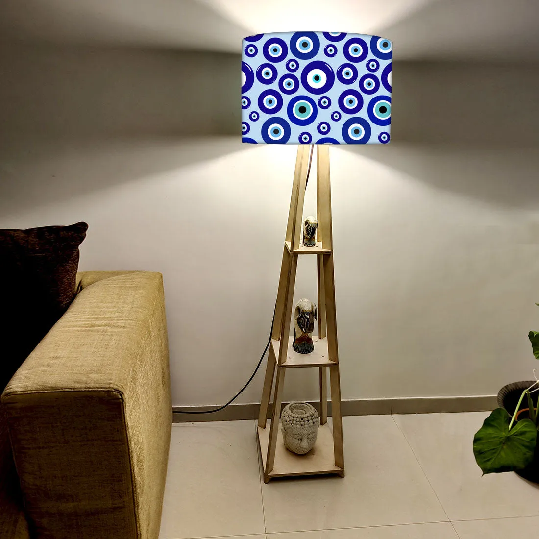 Designer Wooden Tripod Floor Lamp with Shelf for Living Room - Evil Eye Protector