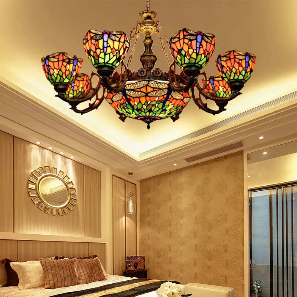 Dragonfly Tiffany Style Chandelier with Stained Glass Shade for Living Room