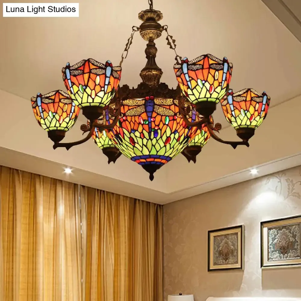 Dragonfly Tiffany Style Chandelier with Stained Glass Shade for Living Room