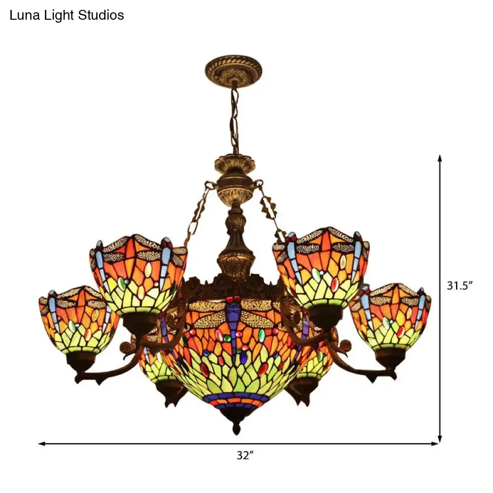 Dragonfly Tiffany Style Chandelier with Stained Glass Shade for Living Room