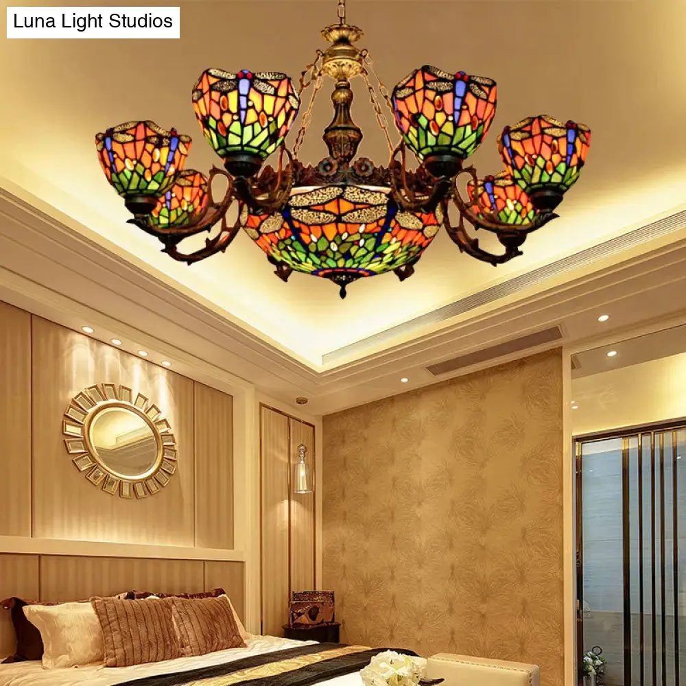 Dragonfly Tiffany Style Chandelier with Stained Glass Shade for Living Room