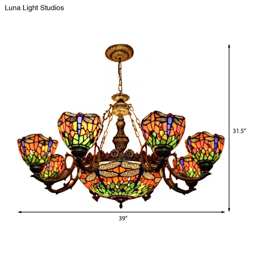 Dragonfly Tiffany Style Chandelier with Stained Glass Shade for Living Room