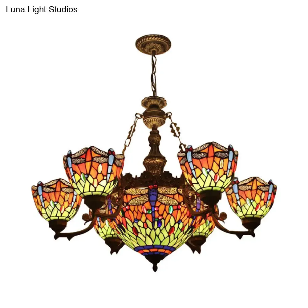 Dragonfly Tiffany Style Chandelier with Stained Glass Shade for Living Room