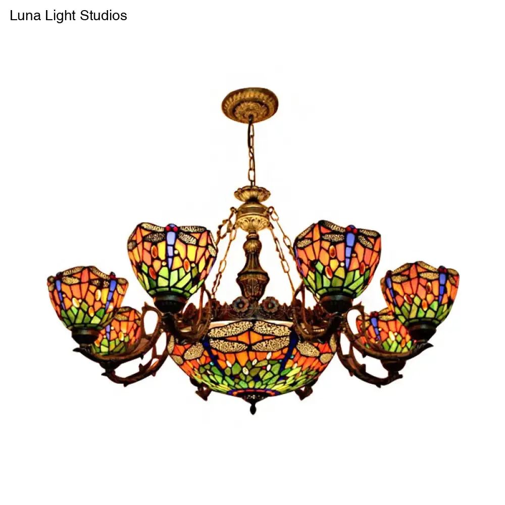 Dragonfly Tiffany Style Chandelier with Stained Glass Shade for Living Room