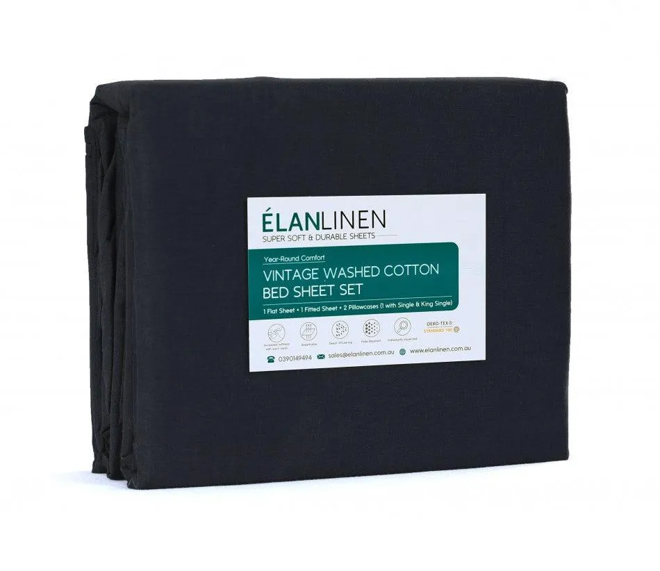 Elan Linen 100% Egyptian Cotton Vintage Washed 500TC Charcoal King Single Bed Sheets Set