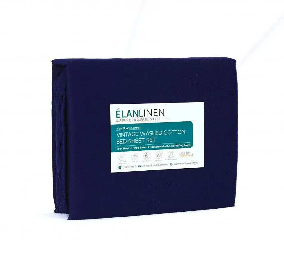 Elan Linen 100% Egyptian Cotton Vintage Washed 500TC Navy Blue Double Bed Sheets Set