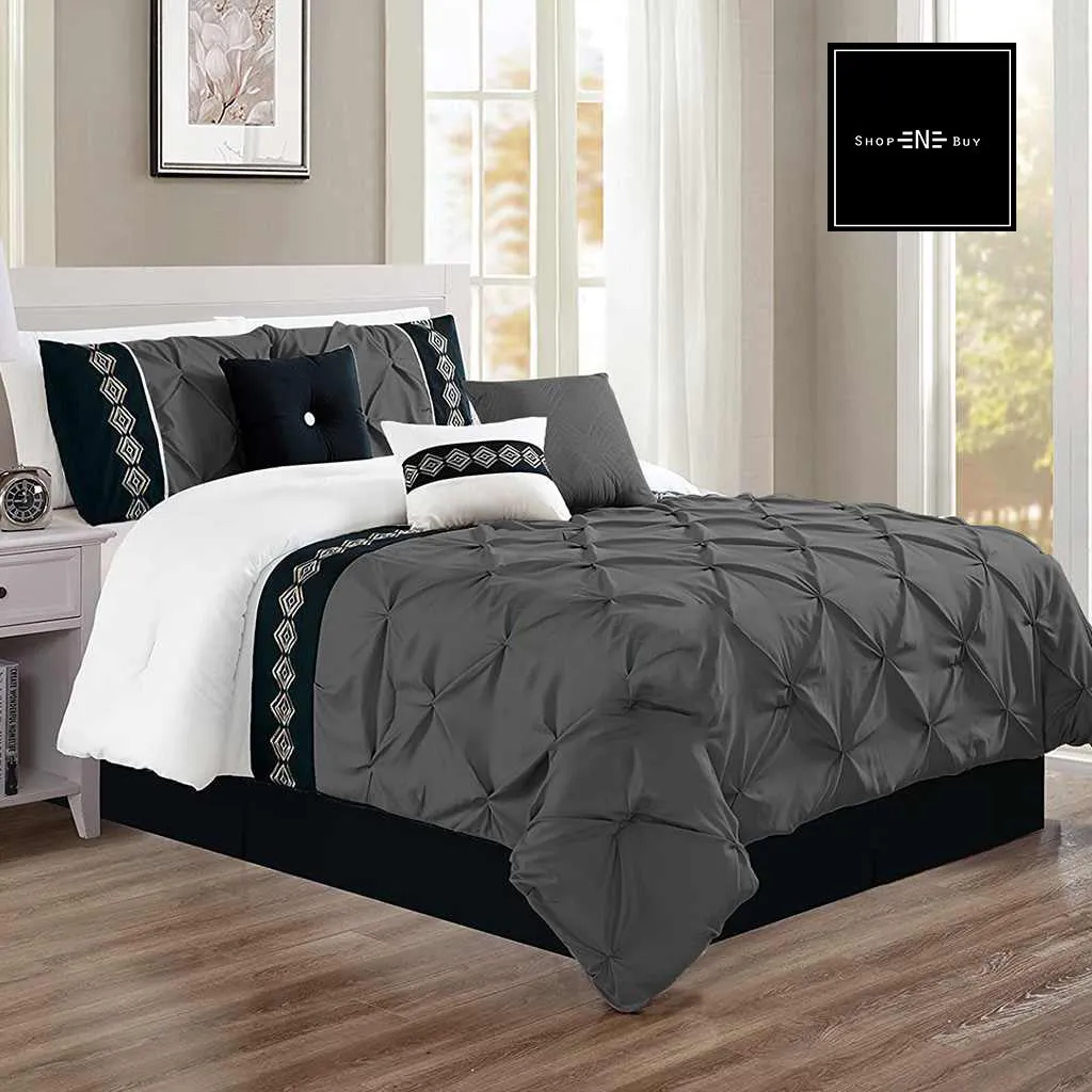 Embroidered Pintuck Duvet 8 Pieces - Charcoal Grey & Black