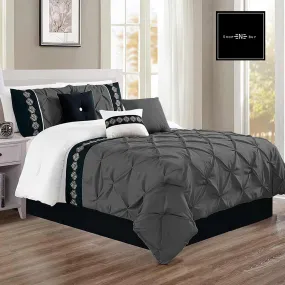 Embroidered Pintuck Duvet 8 Pieces - Charcoal Grey & Black