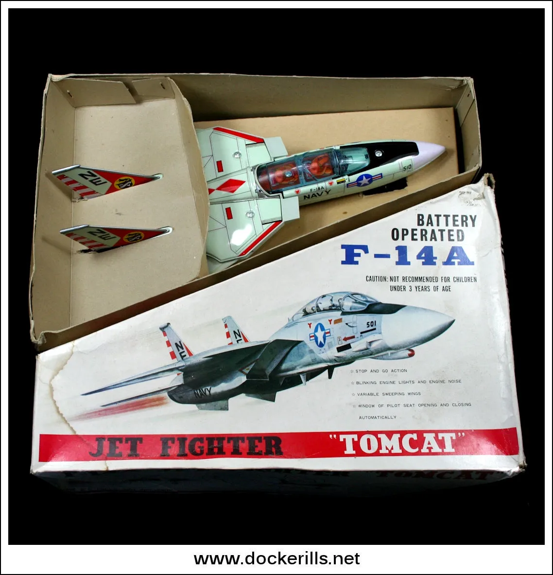 F-14A Jet Fighter "Tomcat". Vintage 1960's Tin Plate Battery Operated Novelty Toy Aeroplane, Nomura, Japan. Good Box.