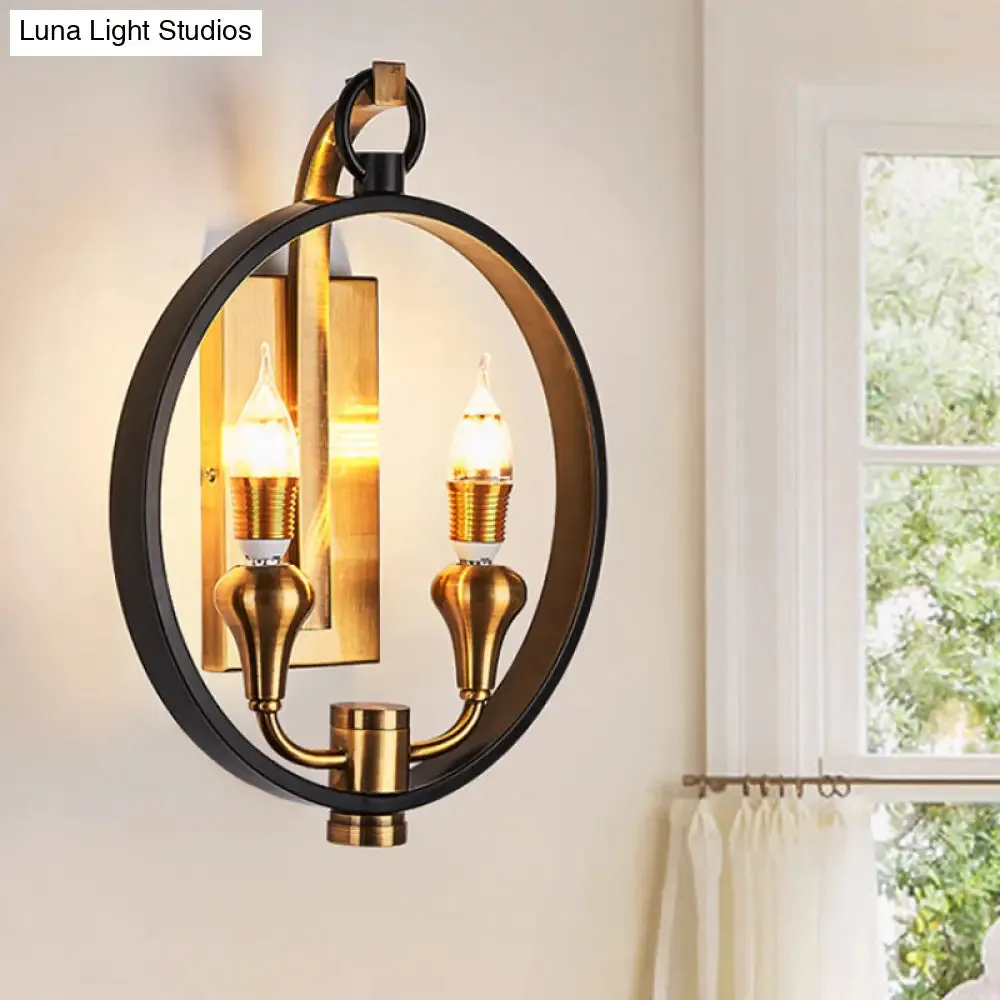 Farmhouse Style Black Metal Ring Sconce - 2 Head Wall Mounted Lamp with Bare Bulb for Corridor Lighting