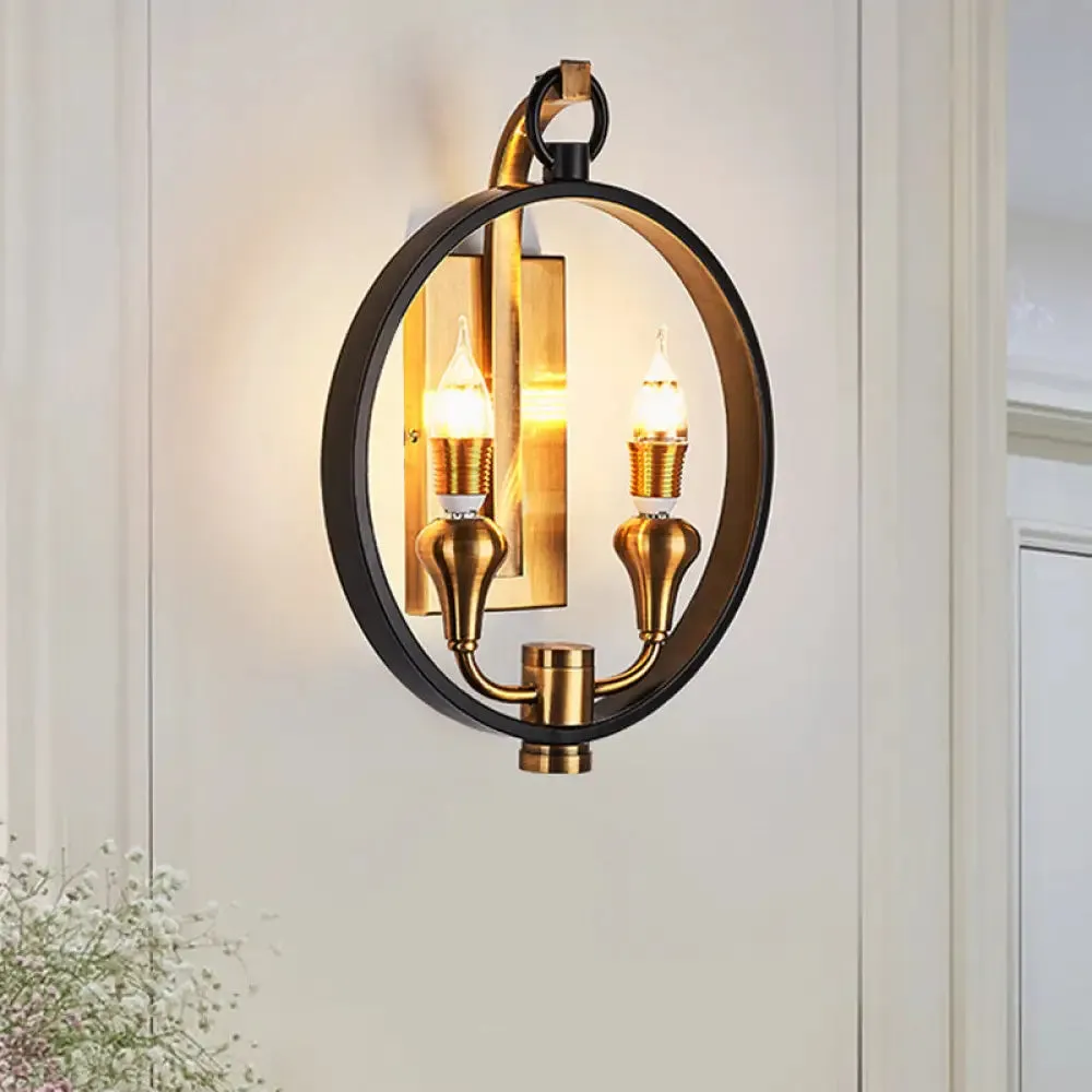 Farmhouse Style Black Metal Ring Sconce - 2 Head Wall Mounted Lamp with Bare Bulb for Corridor Lighting