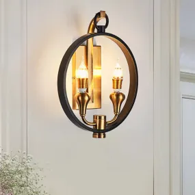 Farmhouse Style Black Metal Ring Sconce - 2 Head Wall Mounted Lamp with Bare Bulb for Corridor Lighting