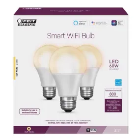 Feit Smart Home A19 E26 (Medium) Smart-Enabled LED Bulb Soft White 60 Watt Equivalence 3 pk