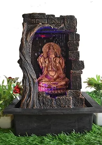 Florence Polyresin Table Top Indoor Outdoor Water Fall Fountain with LED Lights Home Decor Decoration Showpiece Gift Gifting Items (Ganesh)