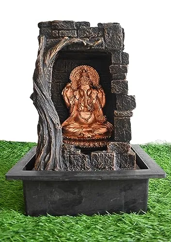 Florence Polyresin Table Top Indoor Outdoor Water Fall Fountain with LED Lights Home Decor Decoration Showpiece Gift Gifting Items (Ganesh)