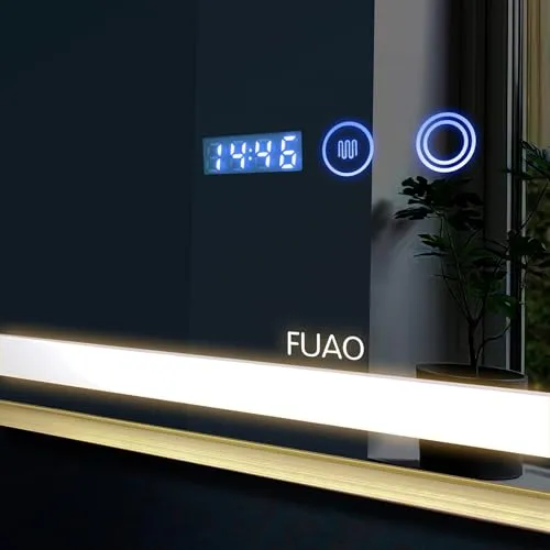 Fuao Premium HD Smart Mirror for Walls with Anti-Fog Function, Time-Temperature Display and Adjustable Brightness 3-Tone LED Lighting| 100% Silver Coating, Anodized Aluminium Frame Silver-45 * 60CM