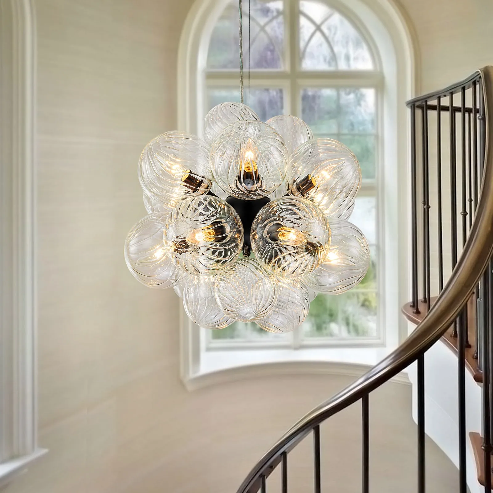 Glowlings 12-Light Modern 19"Wide Cluster Ribbed Glass Bubble Chandelier