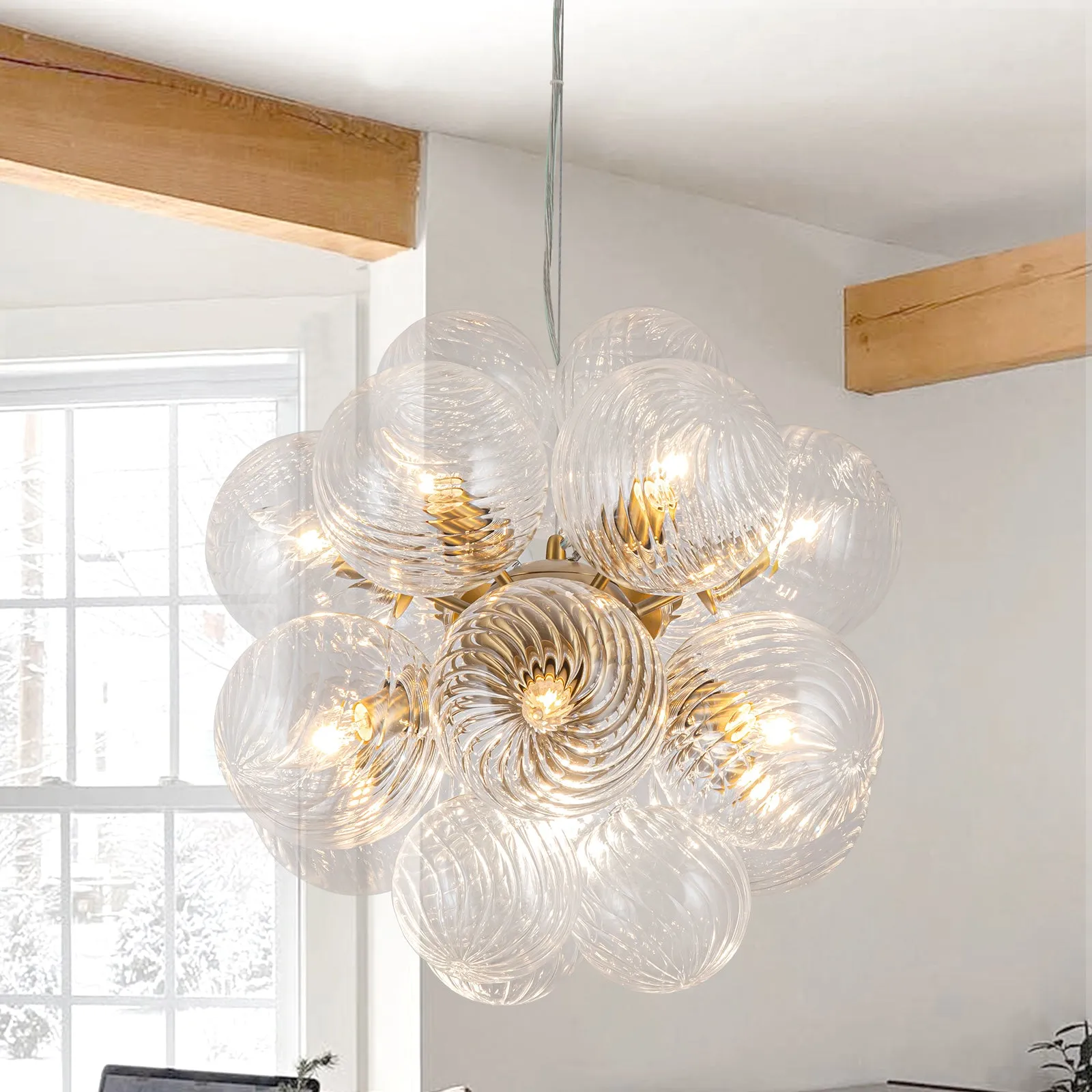 Glowlings 12-Light Modern 19"Wide Cluster Ribbed Glass Bubble Chandelier