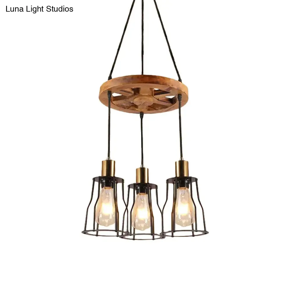 Gold Open Cage Chandelier with Wood Shelf - 3/6-Light Metal Pendant for Dining Room