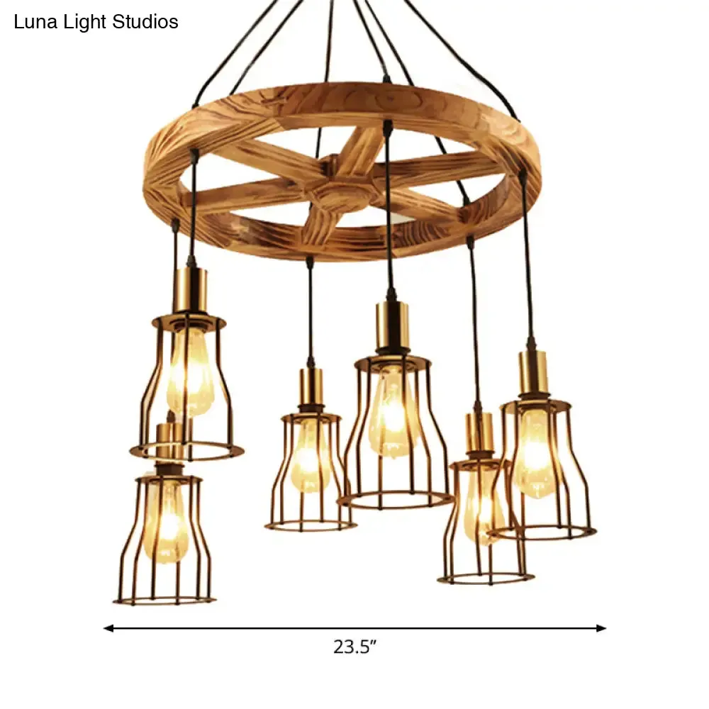 Gold Open Cage Chandelier with Wood Shelf - 3/6-Light Metal Pendant for Dining Room