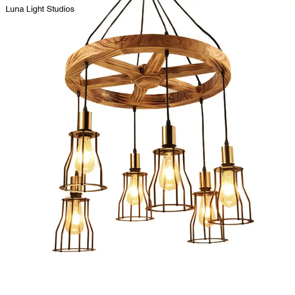 Gold Open Cage Chandelier with Wood Shelf - 3/6-Light Metal Pendant for Dining Room