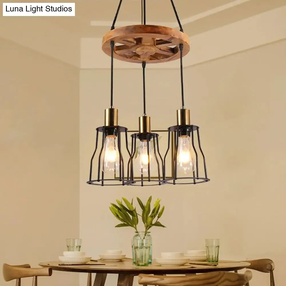 Gold Open Cage Chandelier with Wood Shelf - 3/6-Light Metal Pendant for Dining Room