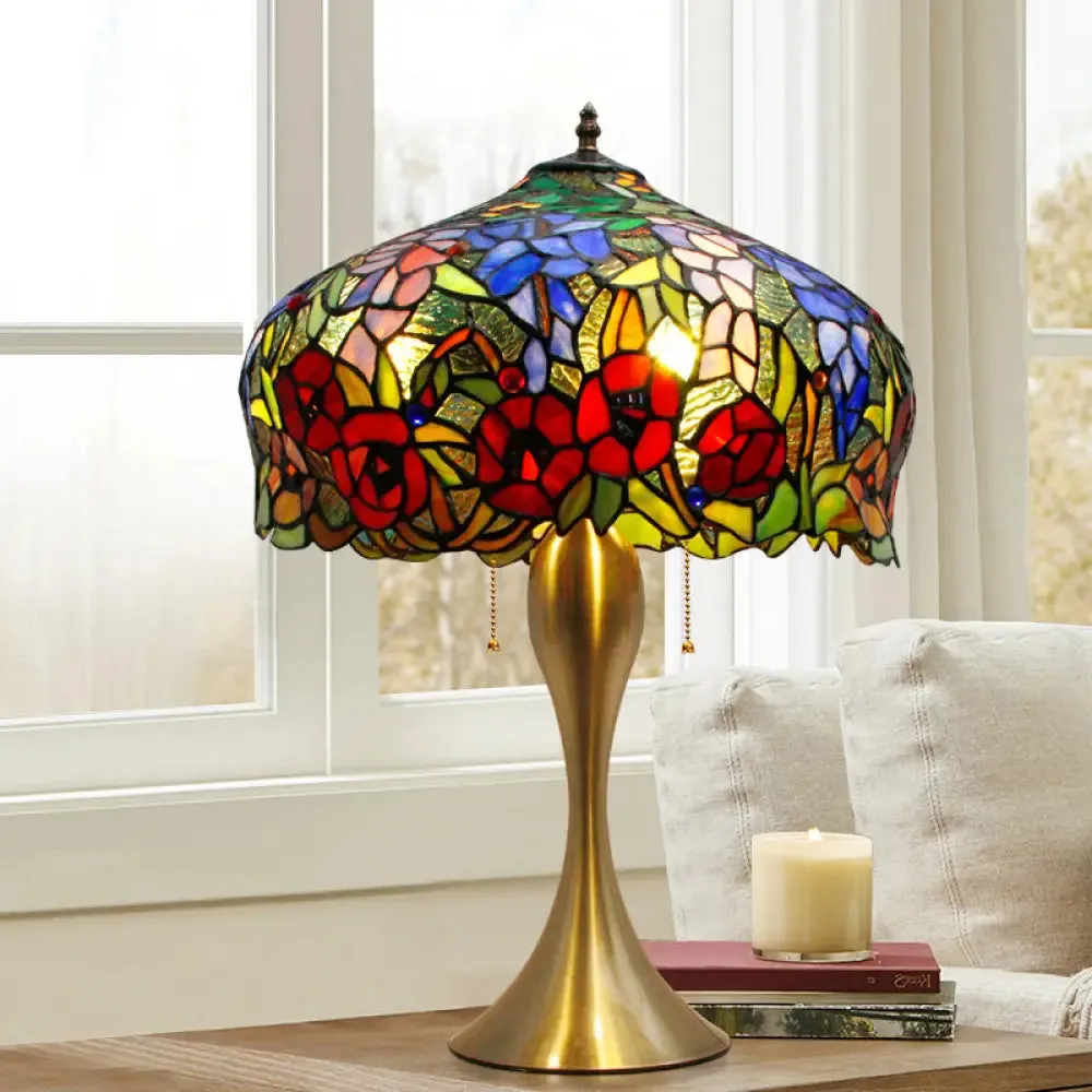 Gold Stained Glass Table Lamp with Flower Pattern - Classic Nightstand Lighting, 3 Bulbs, Pull Chain