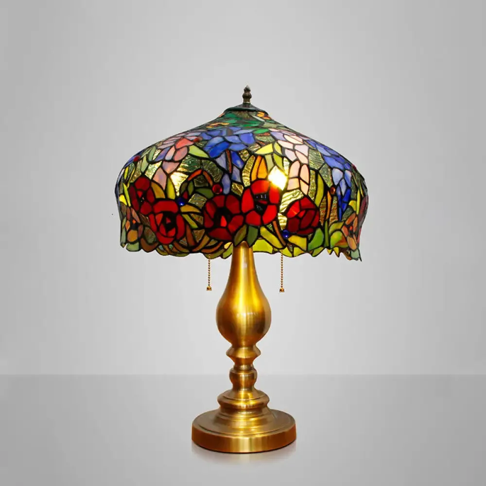 Gold Stained Glass Table Lamp with Flower Pattern - Classic Nightstand Lighting, 3 Bulbs, Pull Chain