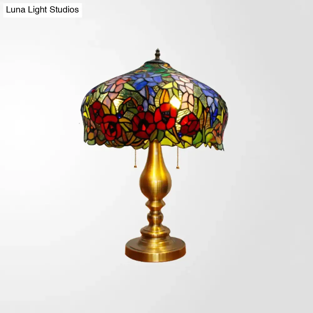 Gold Stained Glass Table Lamp with Flower Pattern - Classic Nightstand Lighting, 3 Bulbs, Pull Chain